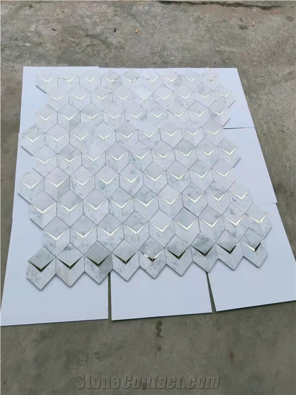 Carrara Diamond Mosaic With Brass Design Waterjet Mosaic
