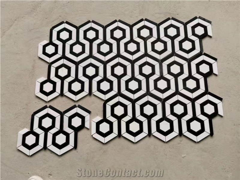 Italy Carrara Hexagon Mosaic Black  White Big Hexagon Mosaic