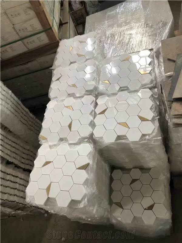 Pure White Hexagon Mosaic Marble With Brass Waterjet Mosaic