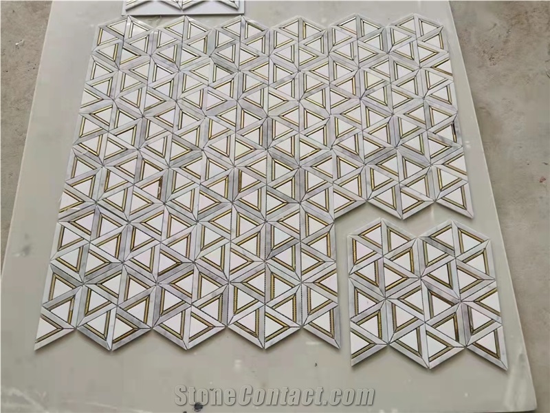 Pure White Marble Triangle Mosaic With Brass Strip Mosaic