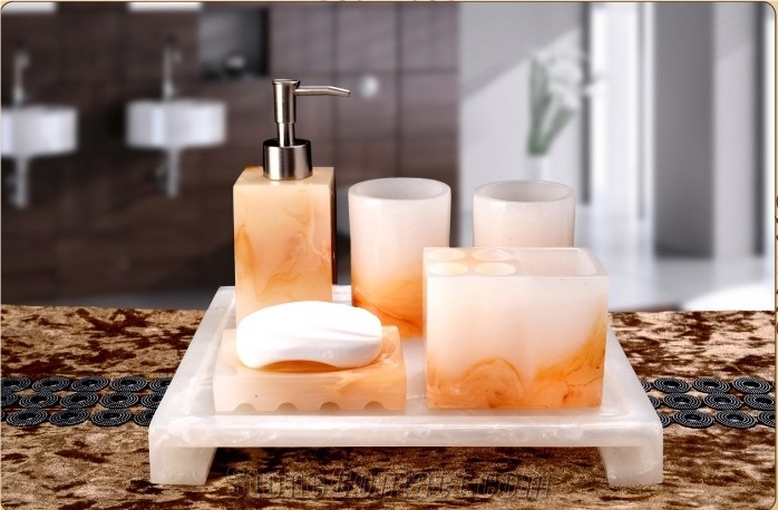 White With Orange Artificial Onyx Bathroom Accessories