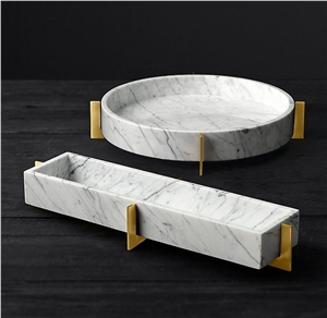Natural White Marble Tea Tray Handle Plate Kitchen Decor