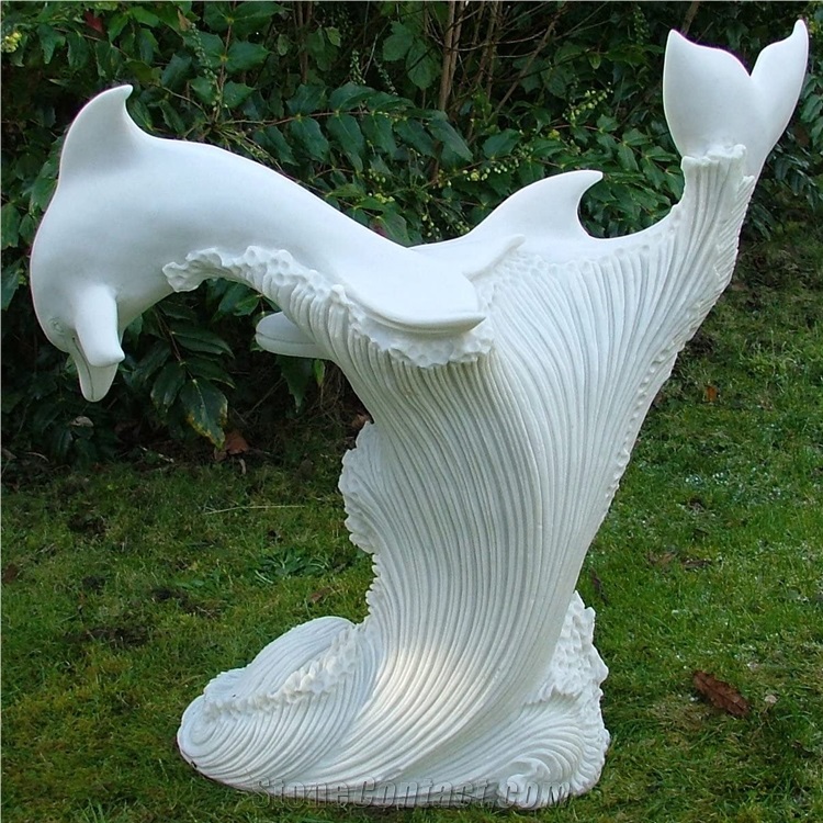 White Marble Leaping Dolphins Statue Large Garden Sculptures