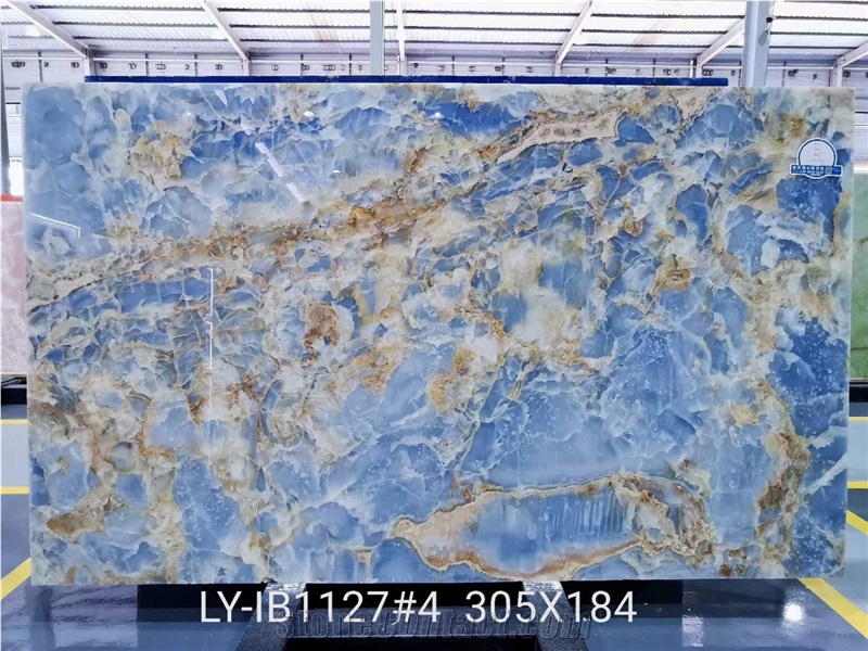 Blue Onyx Backlit Slabs Tiles With White And Yellow Veins