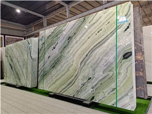 Green Natural Quartize Bookmatch Big Slabs Feature Wall