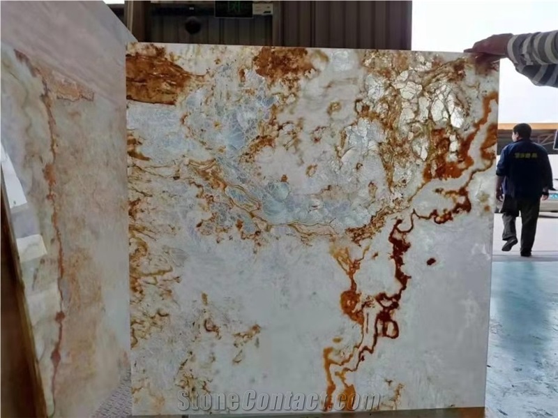 White Onyx With Yellow Veins Translucent Slabs