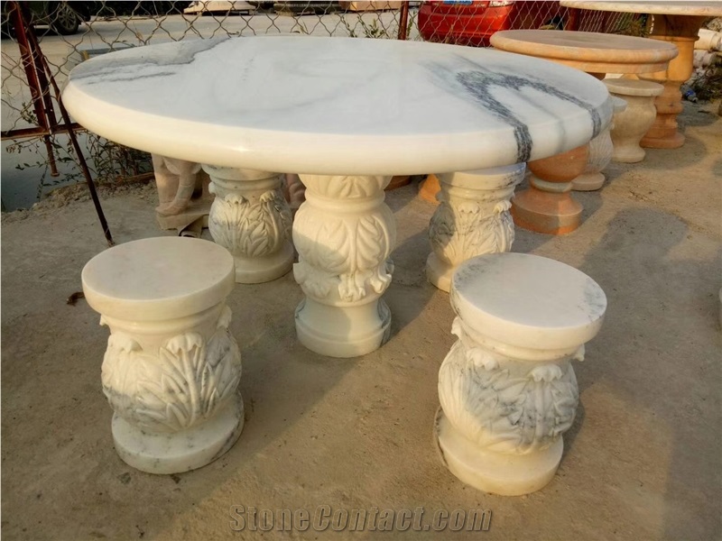 Garden Stone Furniture Round Table With 4 People Seats Engraving Bench Customized