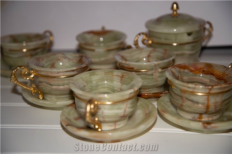 Green Onyx Wine Cups With Tray, Natural Stone Kitchen Accessories