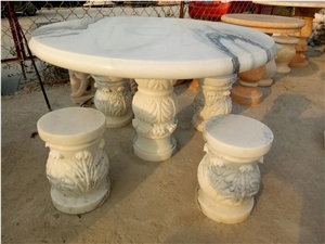 Handcarved White Marble Garden Outdoor Table Sets With Bench
