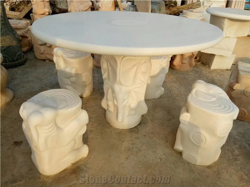 Handcarved White Marble Garden Outdoor Table Sets With Bench
