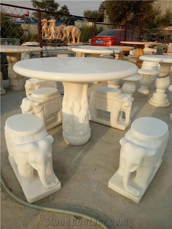 Handcarved White Marble Garden Outdoor Table Sets With Bench