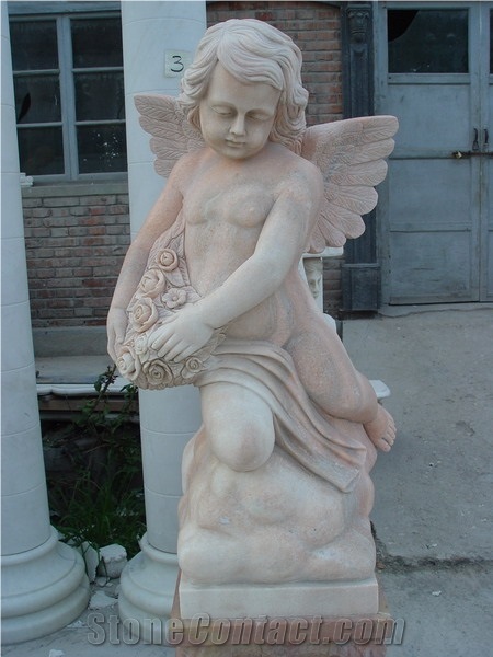 Sunset Pink Marble Angel Baby Outdoor Statue