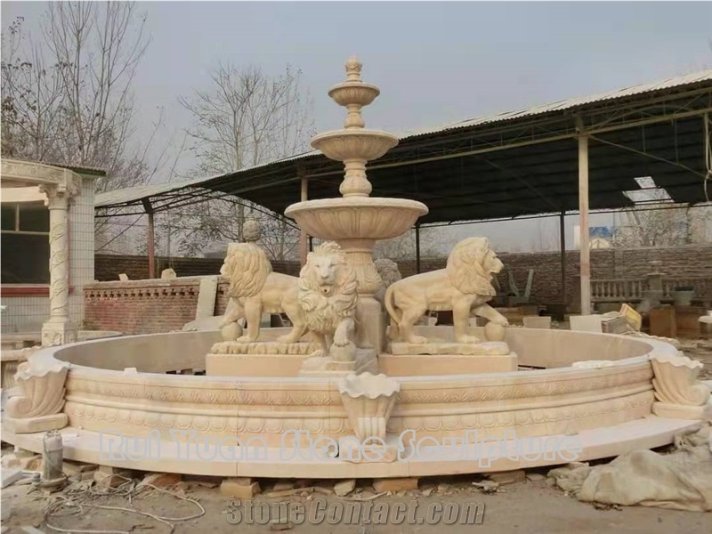 White Marble Lion Sculptured Fountain Outdoor