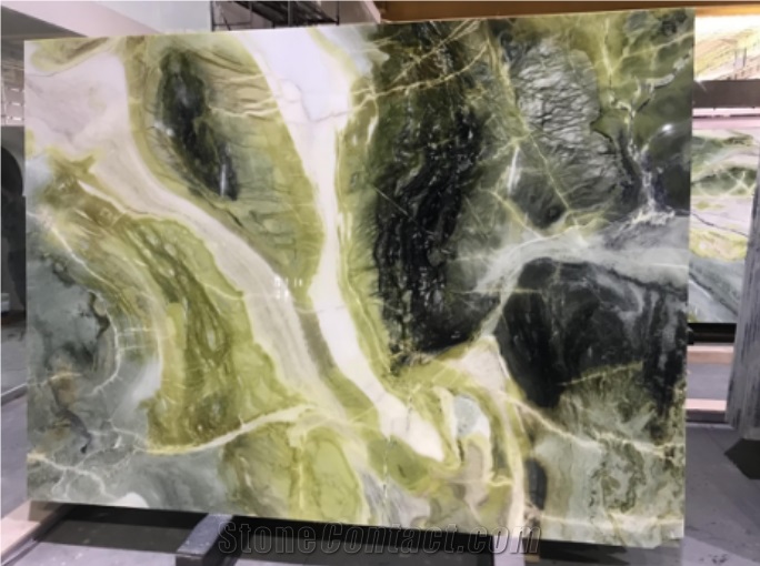 Elegant Sharp Ink And Green Painting Big Size Polished Slab