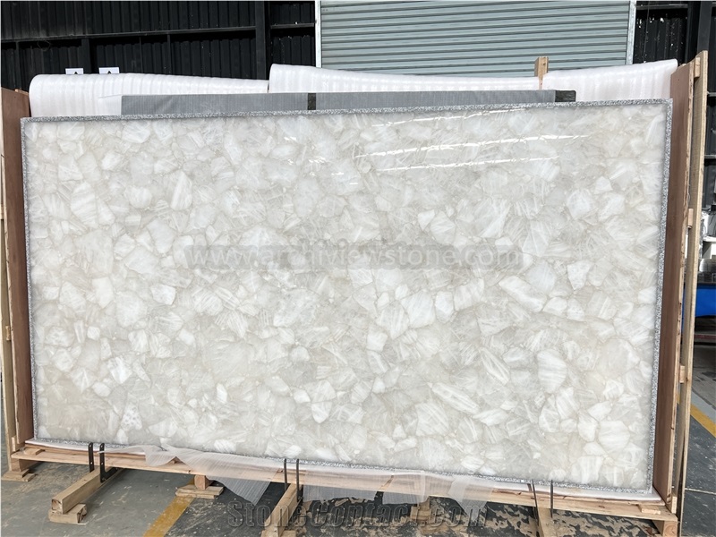 White Quartz Crystal Semiprecious Stone Backlit Slab