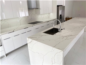 Calacatta White Snowy Polish Quartz Slab Kitchen Countertop