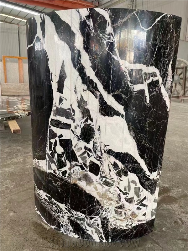 Petit Antique Black Marble Slab With White Flowers