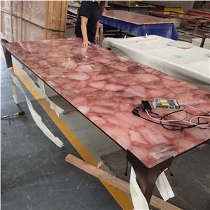 Pink Stone Agate Onyx Table Top For Luxury Interior Hotel Villa