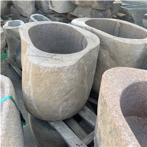 Factory Price Natural River Stone Pedestal Garden Basin, Garden Ornaments