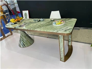 Brass Restaurant Dining Table Green Marble Hotel Funiture