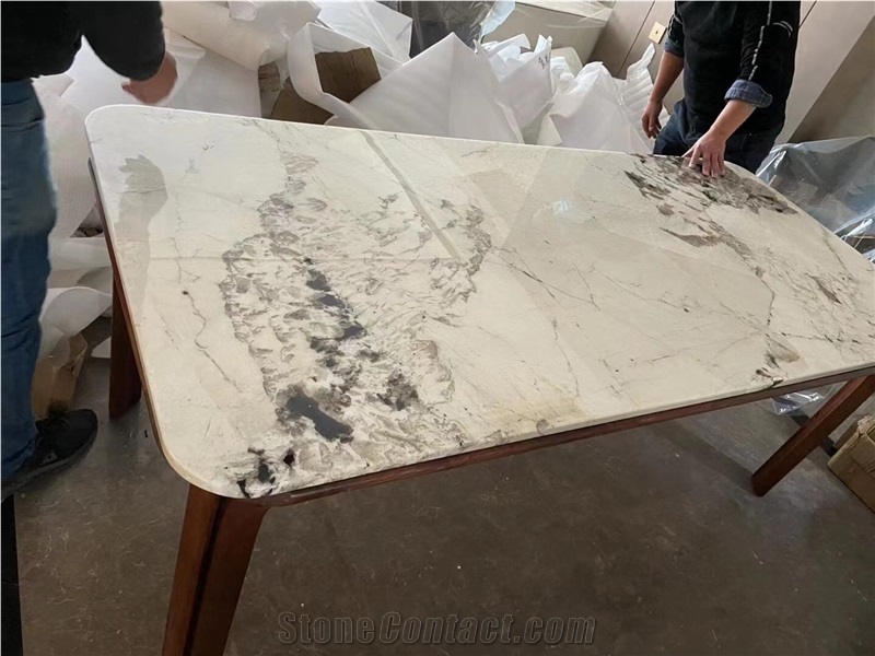 Interior Stone Inlaid Table Top Marble Sahara Round Work Top