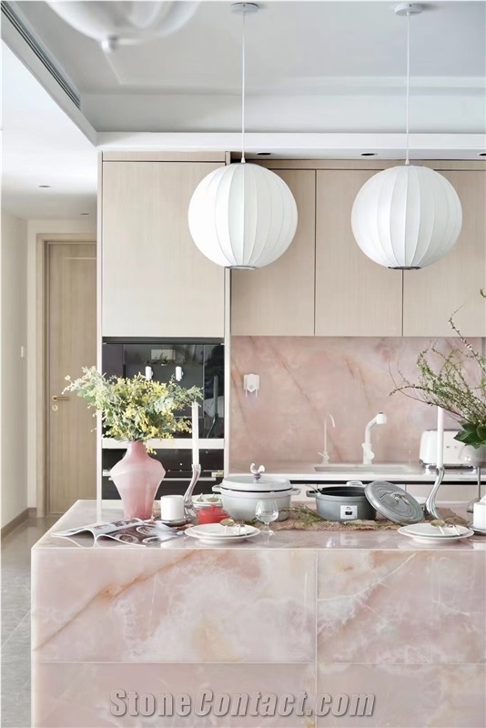 Luxury Stone Island Top Prefab Rose Pink Onyx Kitchen Top