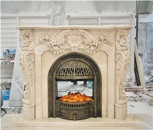 Sculptured Large Stone Fireplace Marble Sunny Beige Mantel