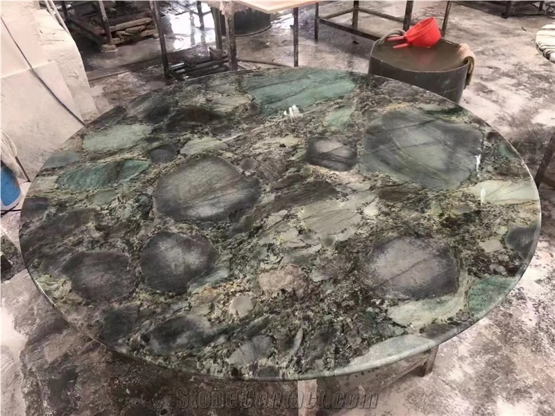 Waterjet Stone Restaurant Table Round Blue Lemurian Desk Top