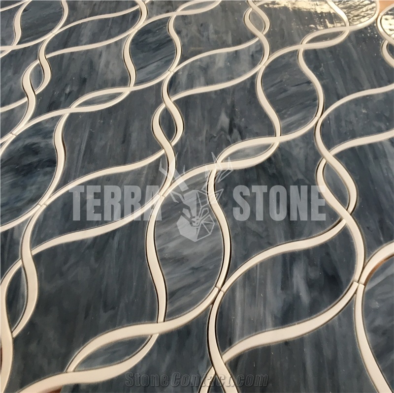 Waterjet Blue Glass With White Marble Ribbon Mosaic Tile