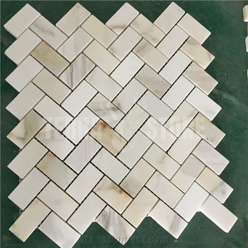 1X2 Calacatta Gold Marble In Herringbone Pattern Mosaic Tile