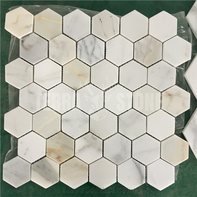 2" Hexagon Calacatta Gold Marble Mosaic Bathroom Floor Tile
