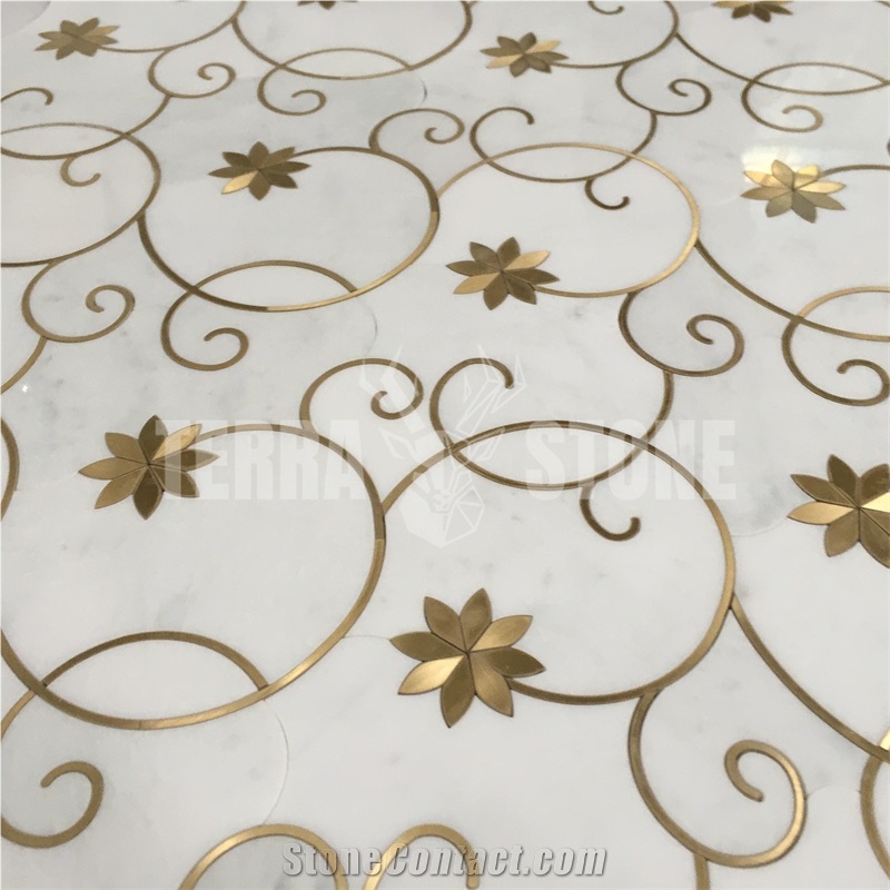 Brass Inlay Flower Pattern Waterjet Marble Mosaic Tile