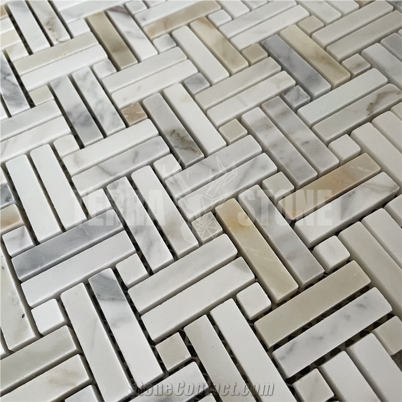Calacatta Gold Marble Double Basketweave Mosaic Floor Tile