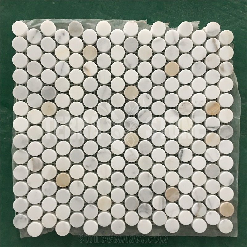Calacatta Gold Marble Mosaic Penny Round Pebble Bubble Tile