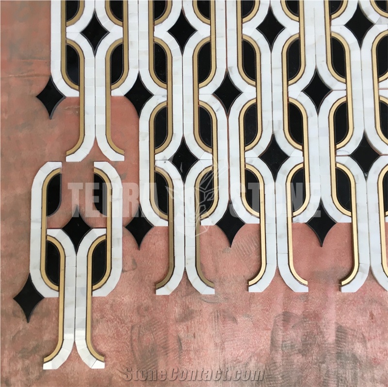 Calacatta Gold Marble Waterjet Mosaic With Brass Inlay Tile