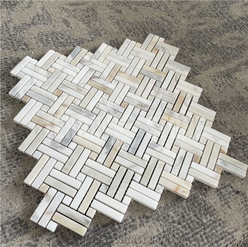 Calacatta Gold Veining Marble Basket Weave Mosaic Bathroom
