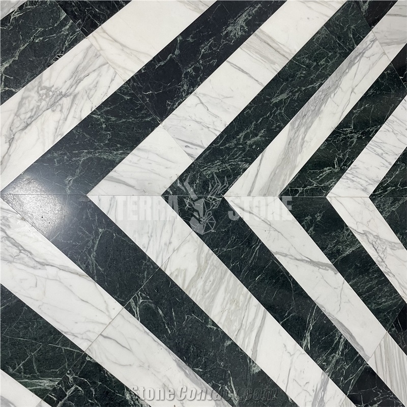 Calacatta White Dark Green Marble Thin Tile Strips Pattern