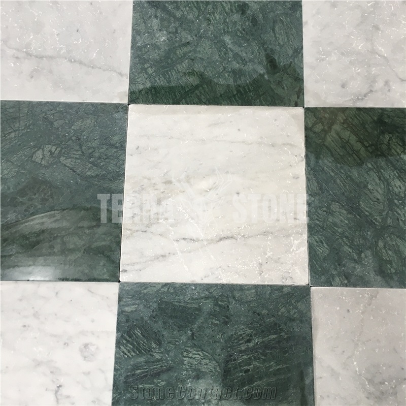 Carrara Dark Green White Marble Tile Chessboard Pattern
