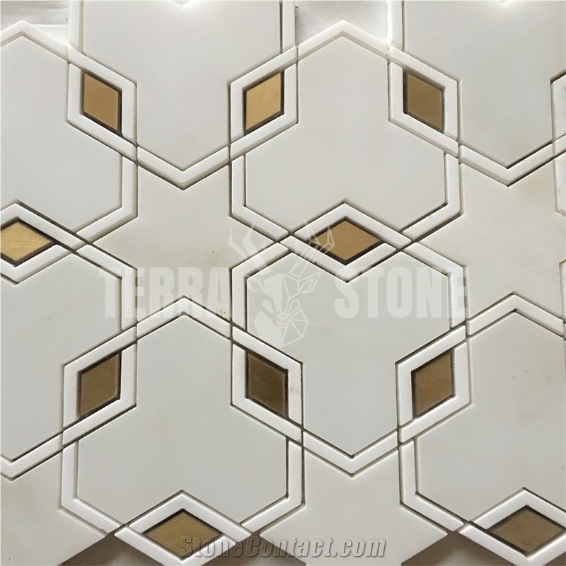 Carrara Thassos White Marble Stainless Steel Waterjet Mosaic