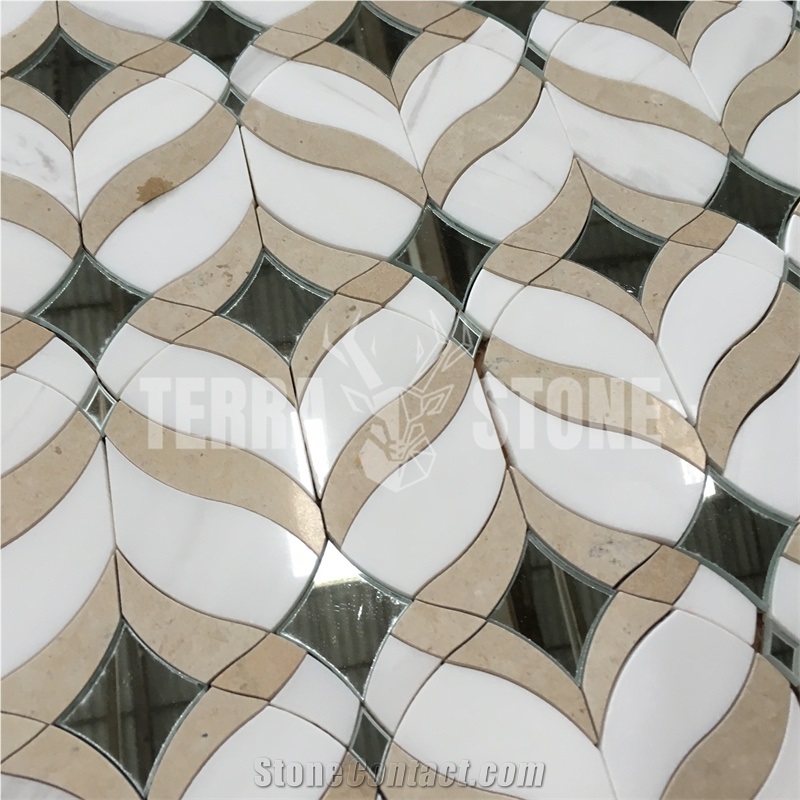 Crema Marfil Thassos White Marble Glass Waterjet Mosaic