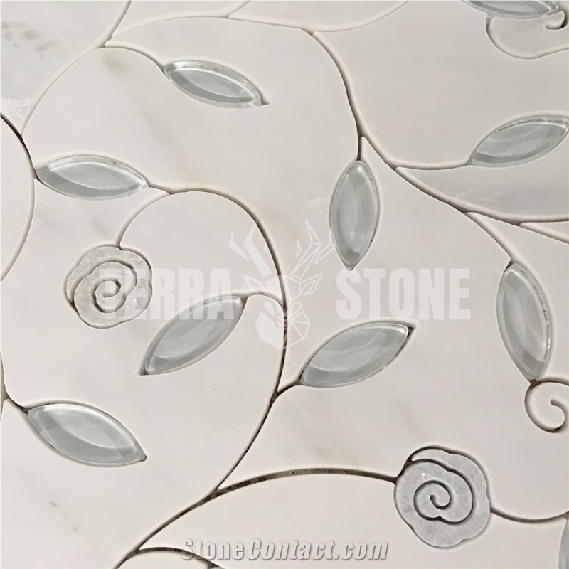 Glass Leaves Waterjet Marble Mosaic Blue Flower Inlay Tile