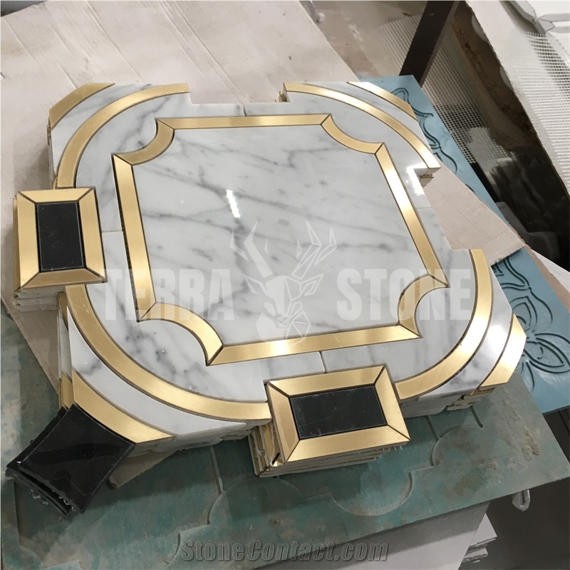 Italy Statuario White Marble With Brass Waterjet Mosaic Tile