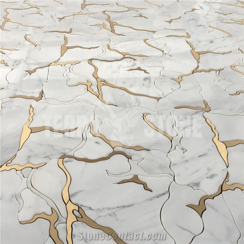 Luxury Stone Tile White Marble Waterjet Brass Mosaic