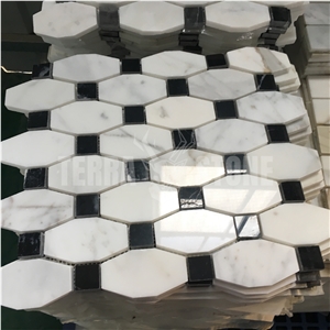 Marble Calacatta Mosaic Long Octagon With Black Dots Tile