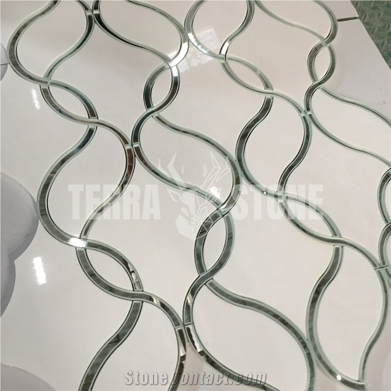 Pure White Marble With Glass Ribbon Pattern Waterjet Mosaic