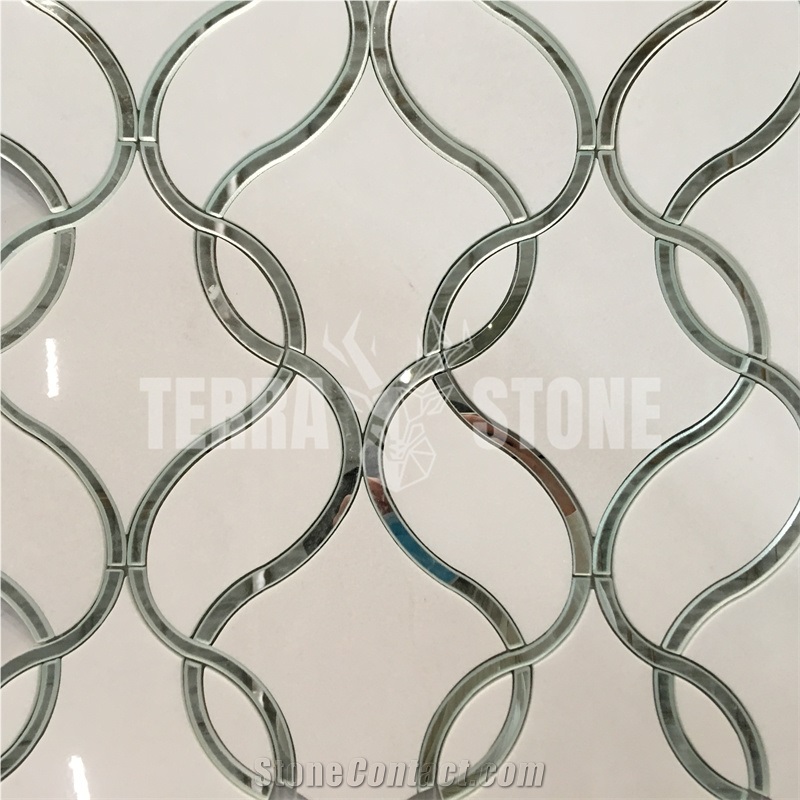 Pure White Marble With Glass Ribbon Pattern Waterjet Mosaic