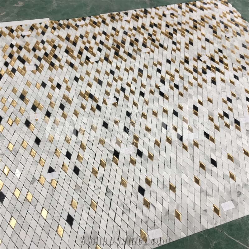 Small Rhombus White Carrara Black Gold Marble Mosaic Tile
