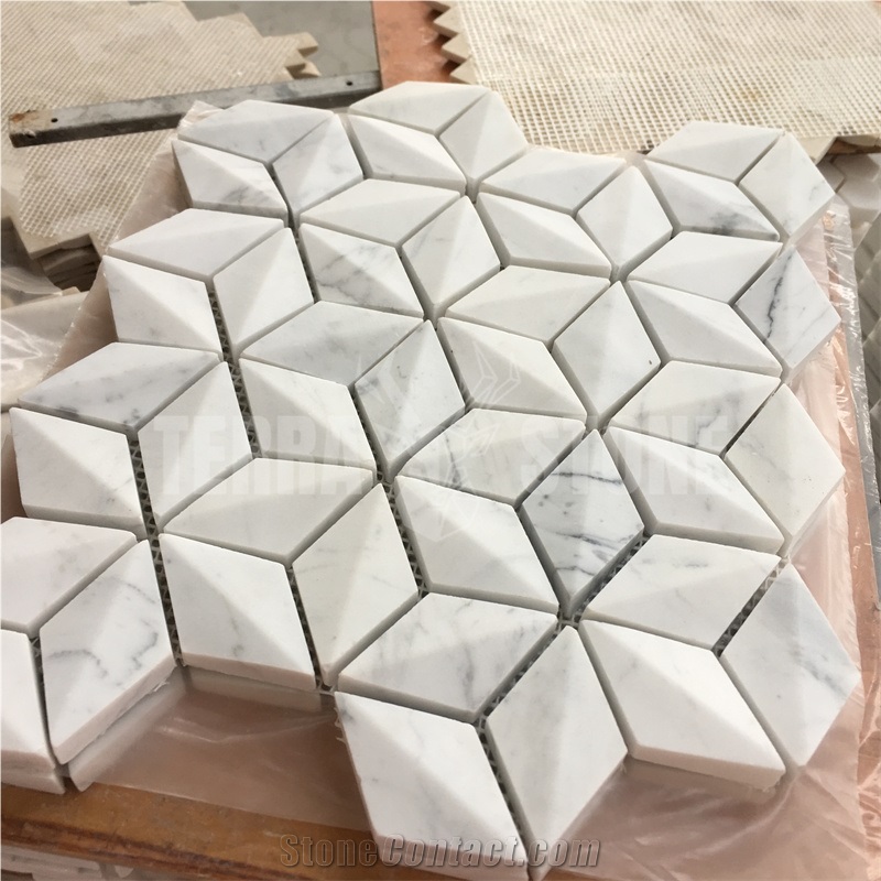 Statuario White Marble Rhombus Mosaic 3D Tile