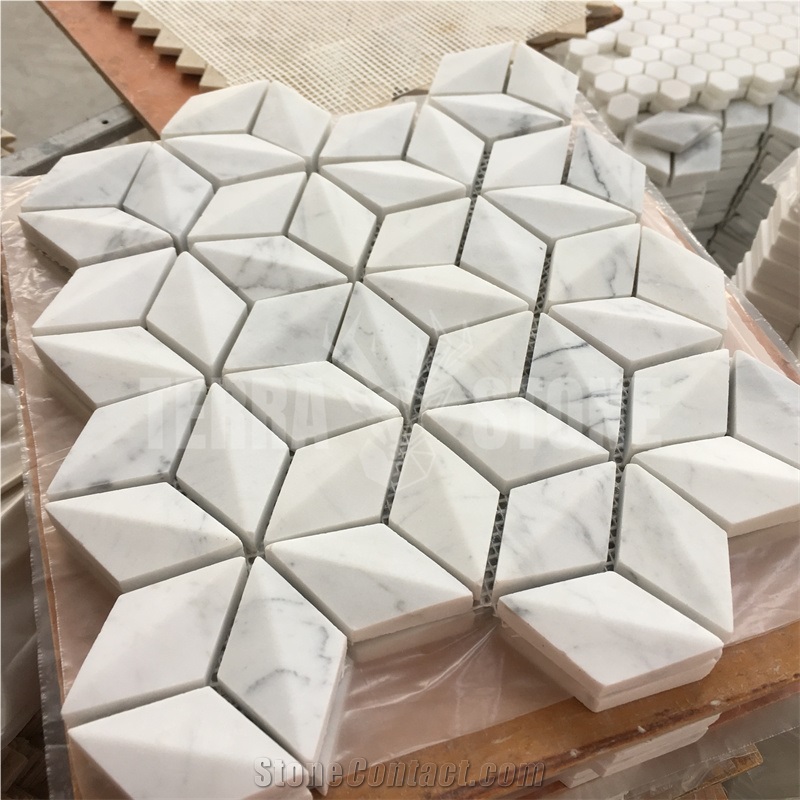 Statuario White Marble Rhombus Mosaic 3D Tile