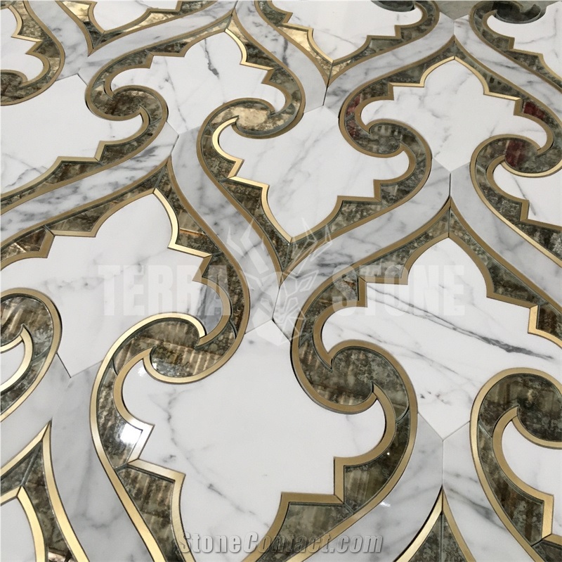 Statuary White Waterjet Marble Mosaic Brass Mirror Glass